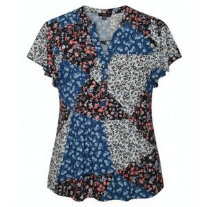 Cocomo Women's Plus Size 2X Blue Multi Floral Print Pintuck Flutter Sleeve Top